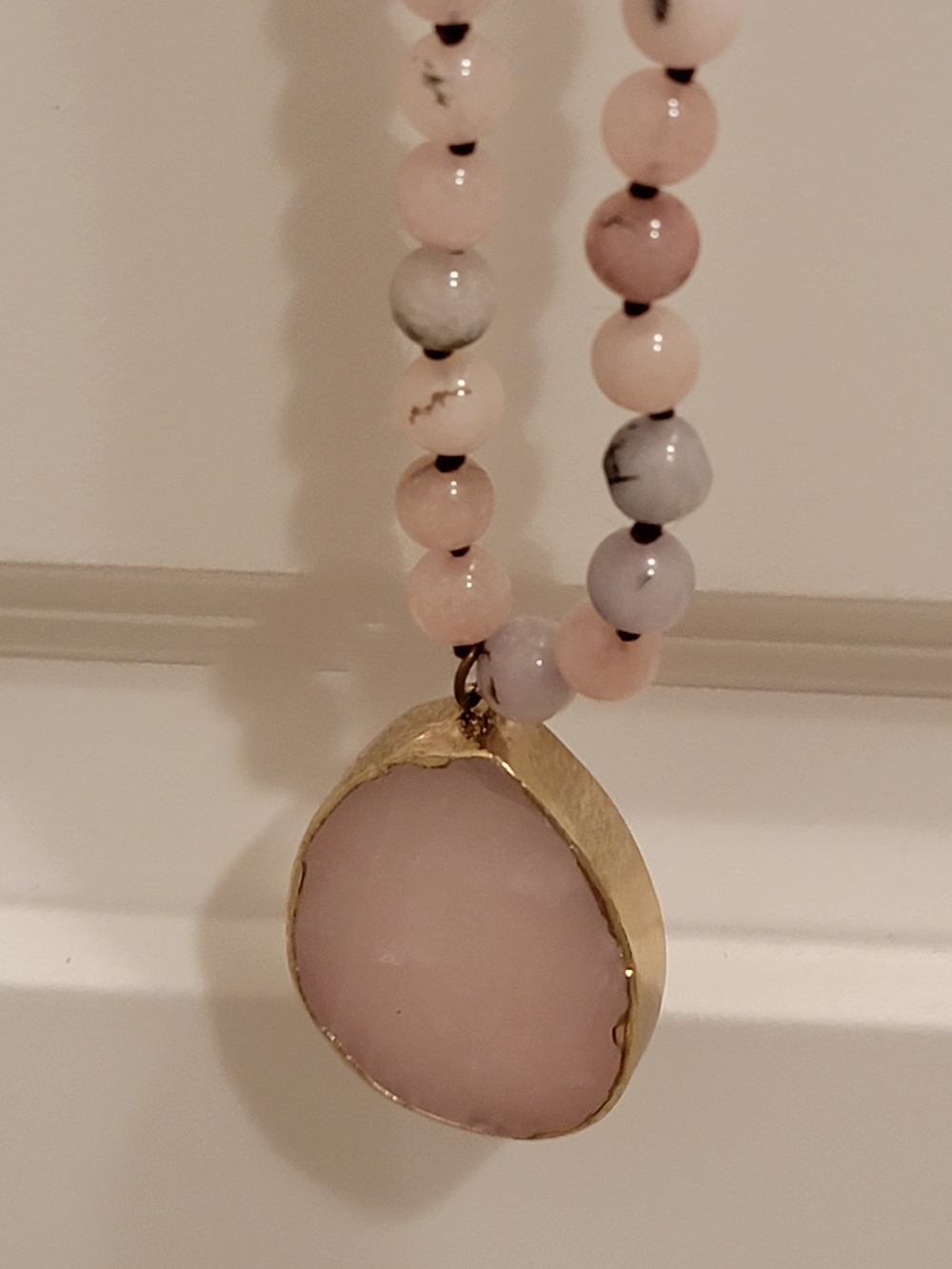 Handmade Pink Bead Necklace with Gold-Edged Rose Quartz Pendant